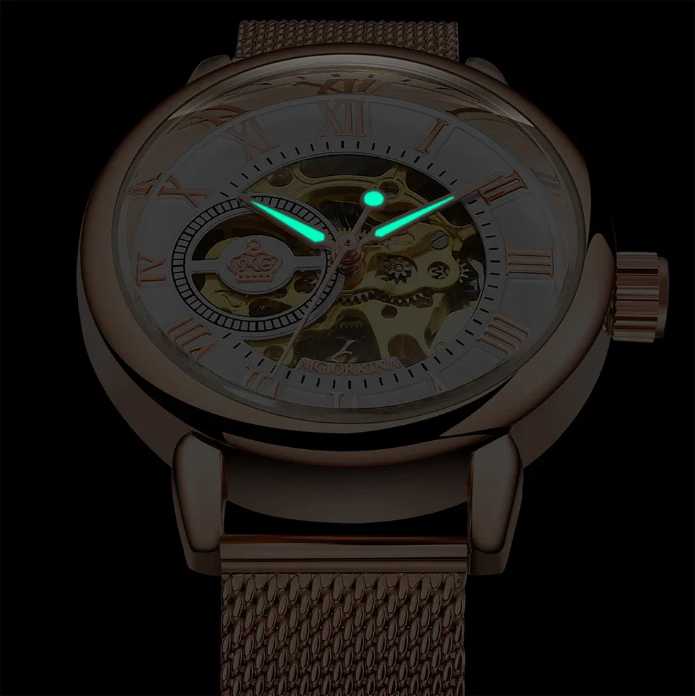 ORKINA Jam Tangan Mekanis Wanita Hitam Modis Jam Tangan Wanita Mewah Tali Jaring Gelang Otomatis Kreatif Baru Reloj Mujer