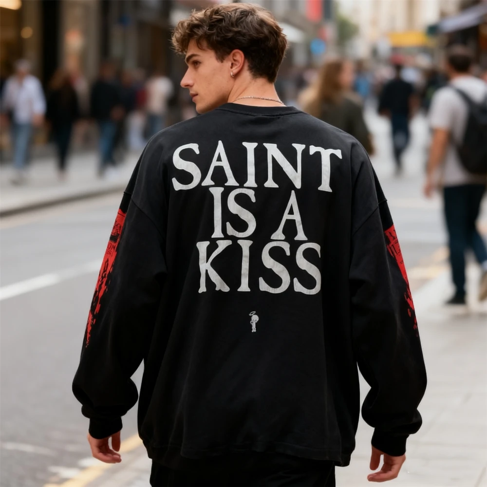 

KUCLUT 1:1 Vintage Clothing Hole Graphics Streetwear Tops Oversize Tee Loose 100%Cotton Long Sleeves Casual T-Shirt Men