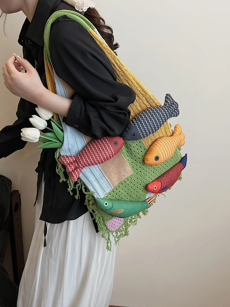 

Unique Knitted Rope Tassel Splicing Leisure Casual Women's oulder Bag Tote Bag Open Structure Pure Color Summer 2025