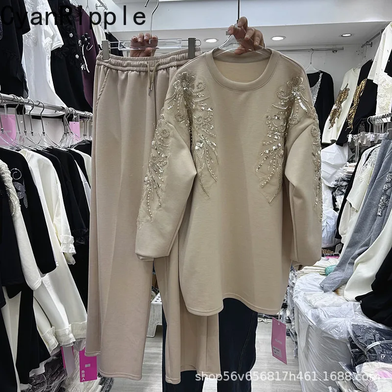 

Spring Autumn Women Two-piece Set Embroidery Sequins Beads Loose Long Sleeve Pullover Top + Elastic Waist Casual Straight Pants