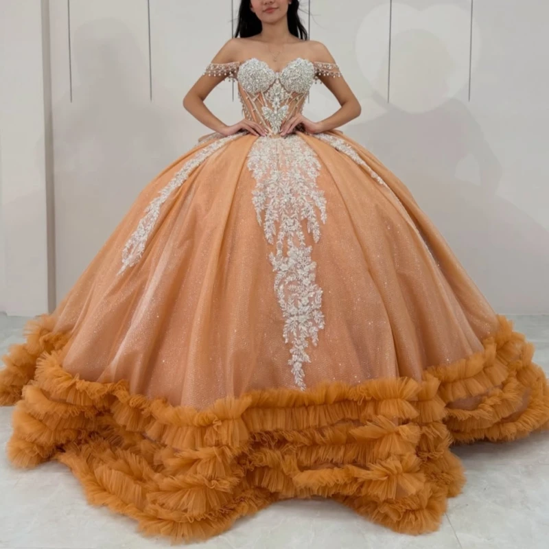 Orange Glitter Quinceanera Dresses Off Shoulder Ball Gown Sweet 16 Dress Sequin Applique Beading Crystal Bow Tiered Tull Party