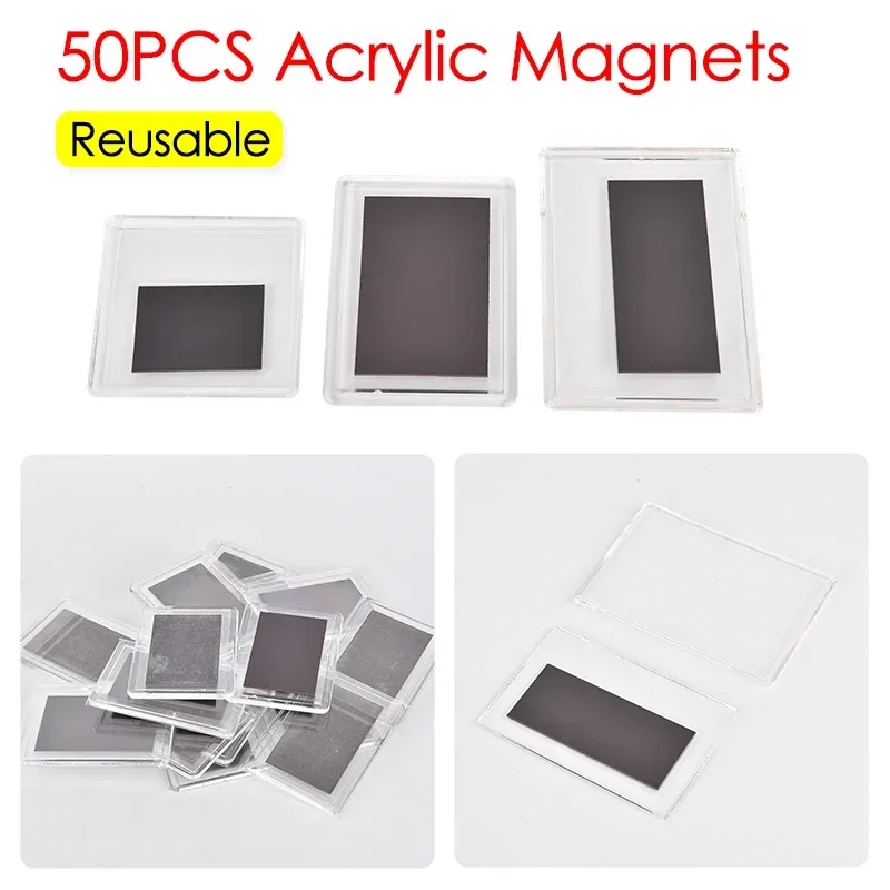 

50Set Reusable Fridge Magnets DIY Parts Acrylic Transparent Rectangle Refrigerator Button Manual Magnets Badge Materials