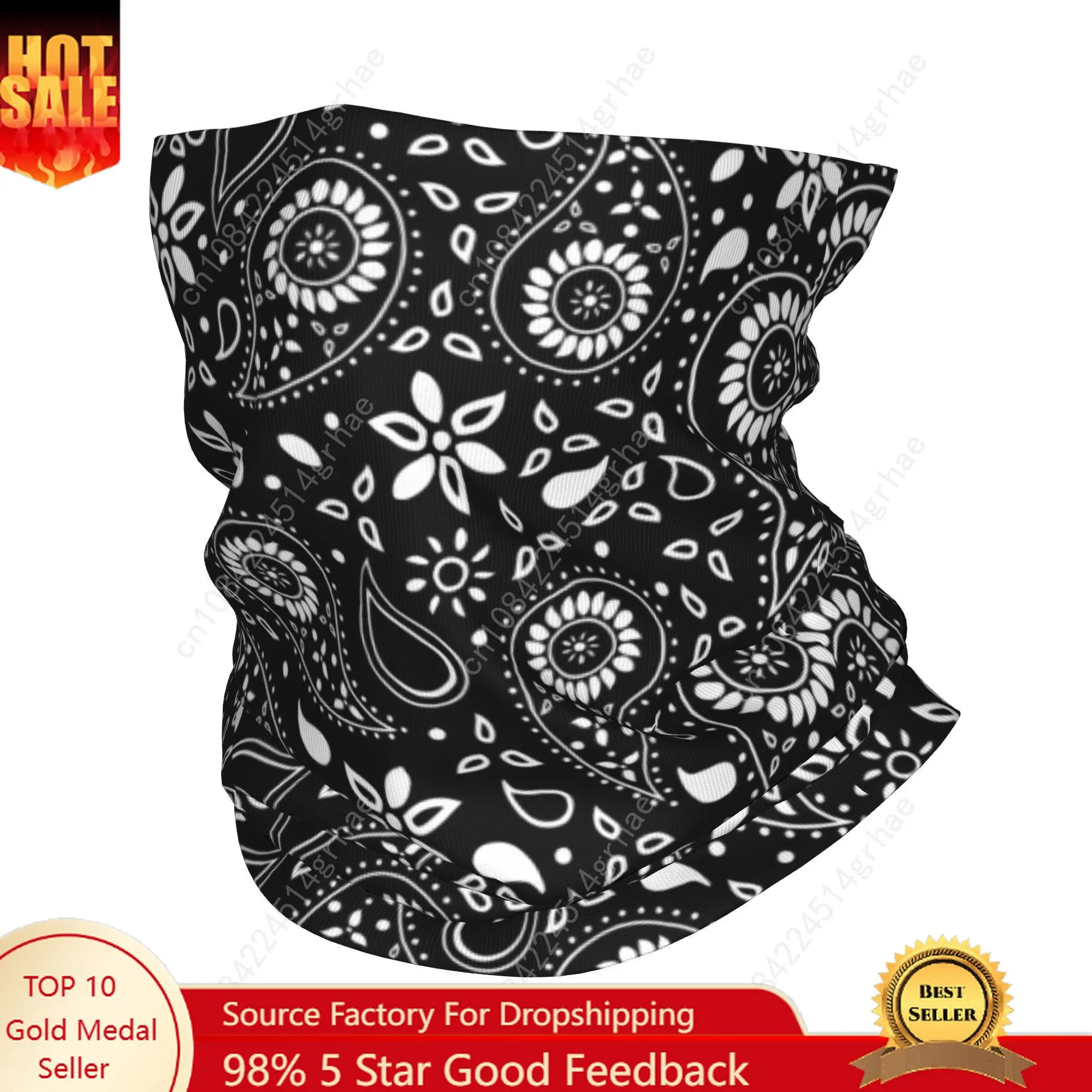 

Custom Black and White Paisley Floral Pattern Bandana Neck Gaiter for Ski Hunting Wrap Scarf Boho Bandana Style Balaclava Warmer