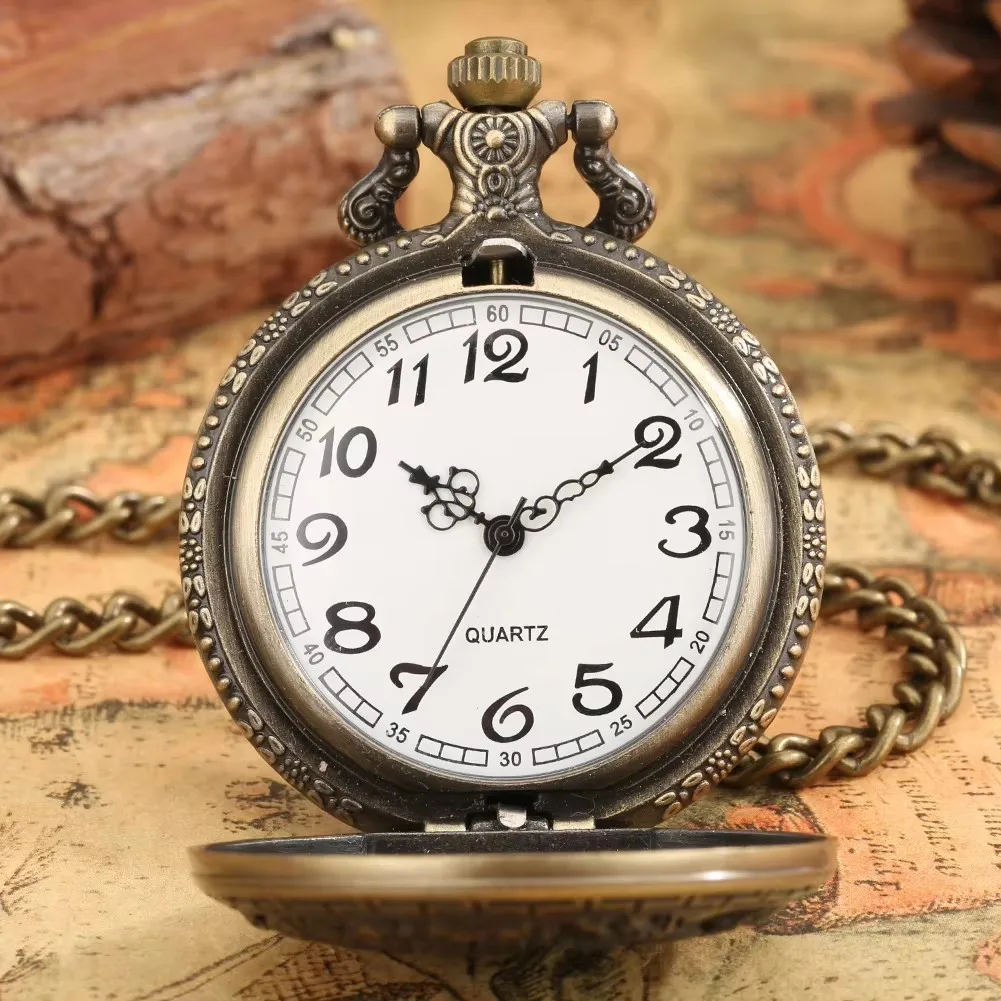 Necklace Chain Old Clock Antique Steampunk Quartz Analog Full Hunter Pocket Watch With Deer