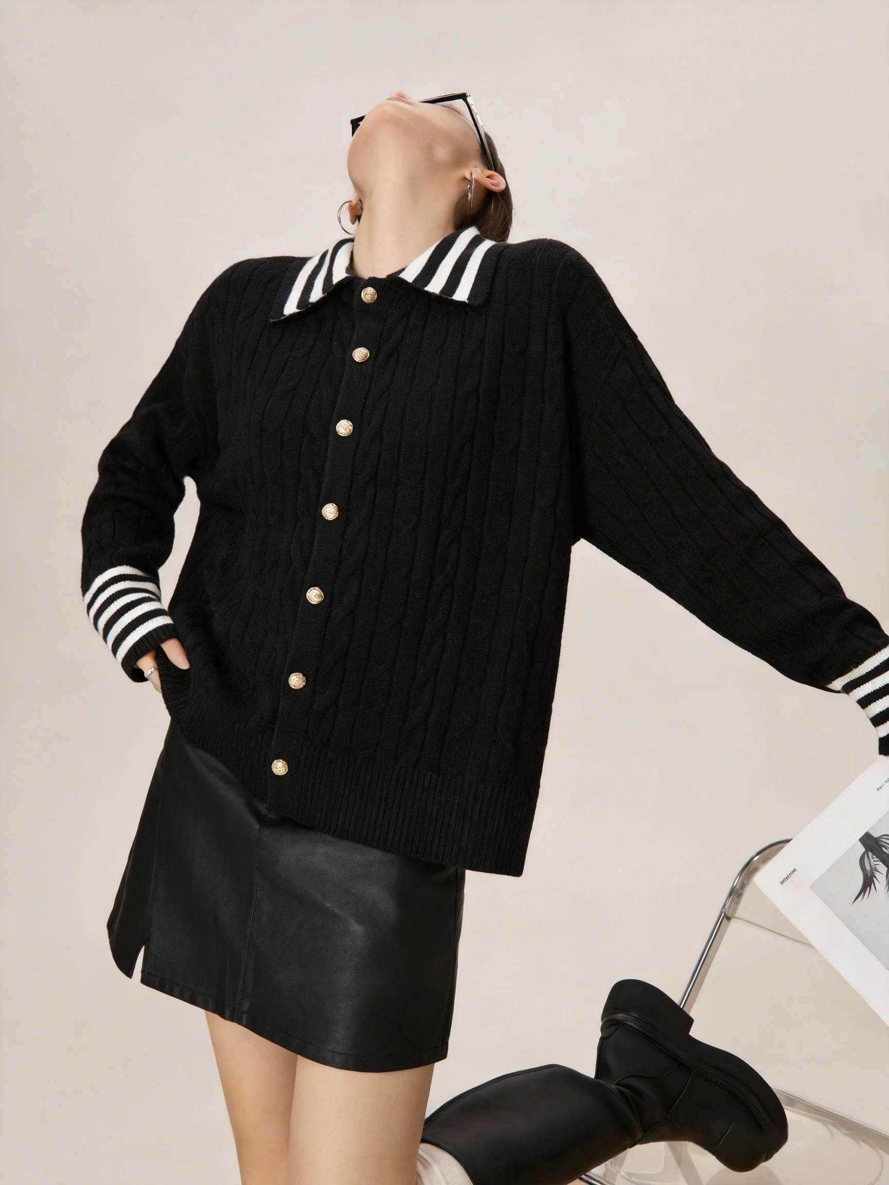 

Женский вязаный кардиган Bla Striped Preppy Sle, весна 2026, уникальный дизайн Miu, повседневный свободный крой, с длинными рукавами, на пуговицах