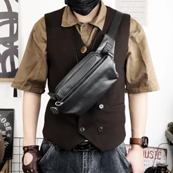 Business Male Chest Bag Genuine Leather Crossbody Bag Sport Outdoor Sling Chest Pack Waist Bags Man's One Shoulder Bag