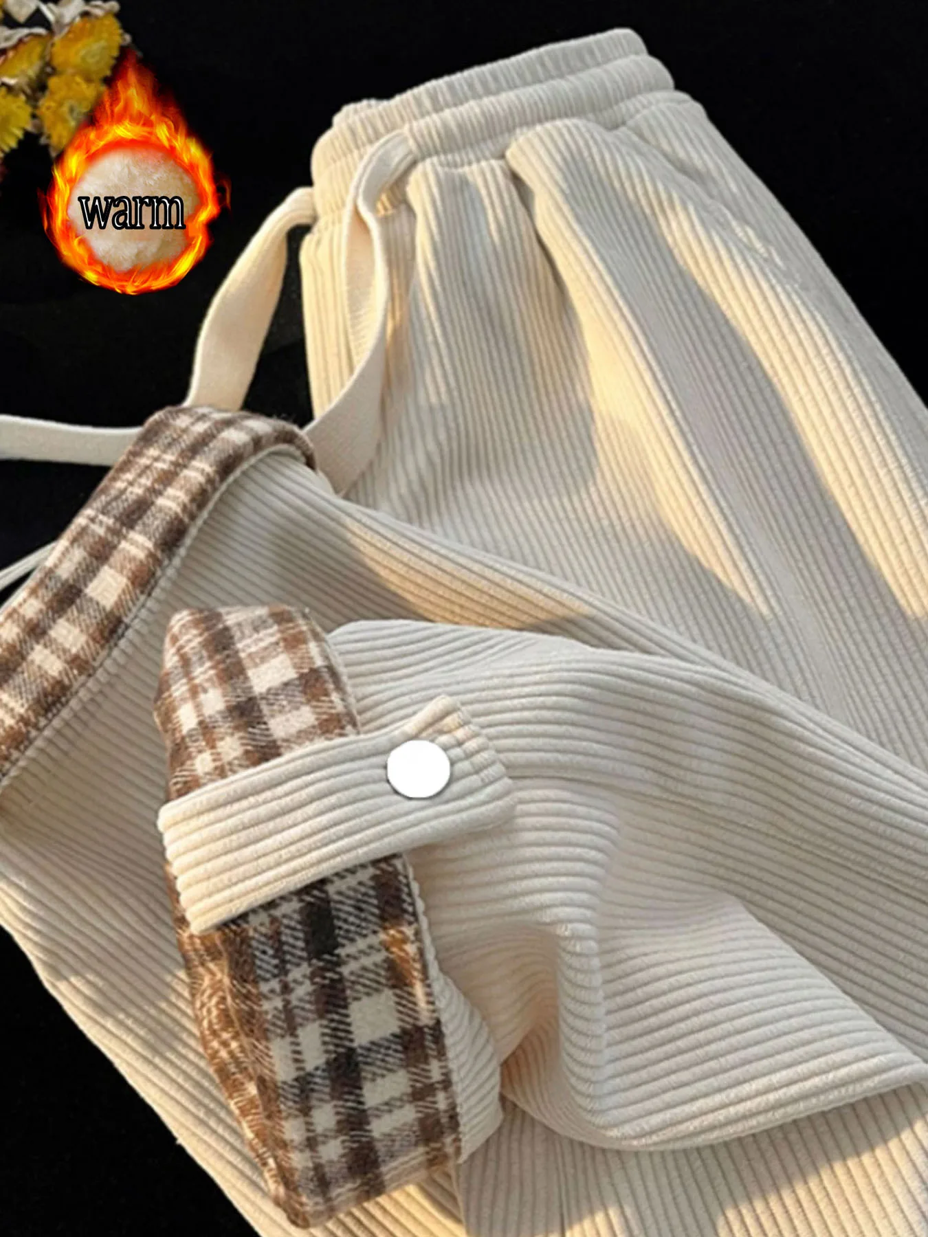 กางเกงขากว้างผ้าลูกฟูกฤดูใบไม้ร่วงและฤดูหนาวของผู้หญิงมีซับในผ้าฟลีซ หนาเพื่อความอบอุ่น กางเกงขาตรงสไตล์เกาหลีอเนกประสงค์