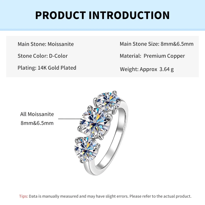 Rrjzz-zertifizierter Rundschliff 4CT 3-Stein-Moissanit-Verlobungsring D Farbe VVS1 im Labor hergestellter Jubiläumsring mit Imitationsdiamant – Detail 1