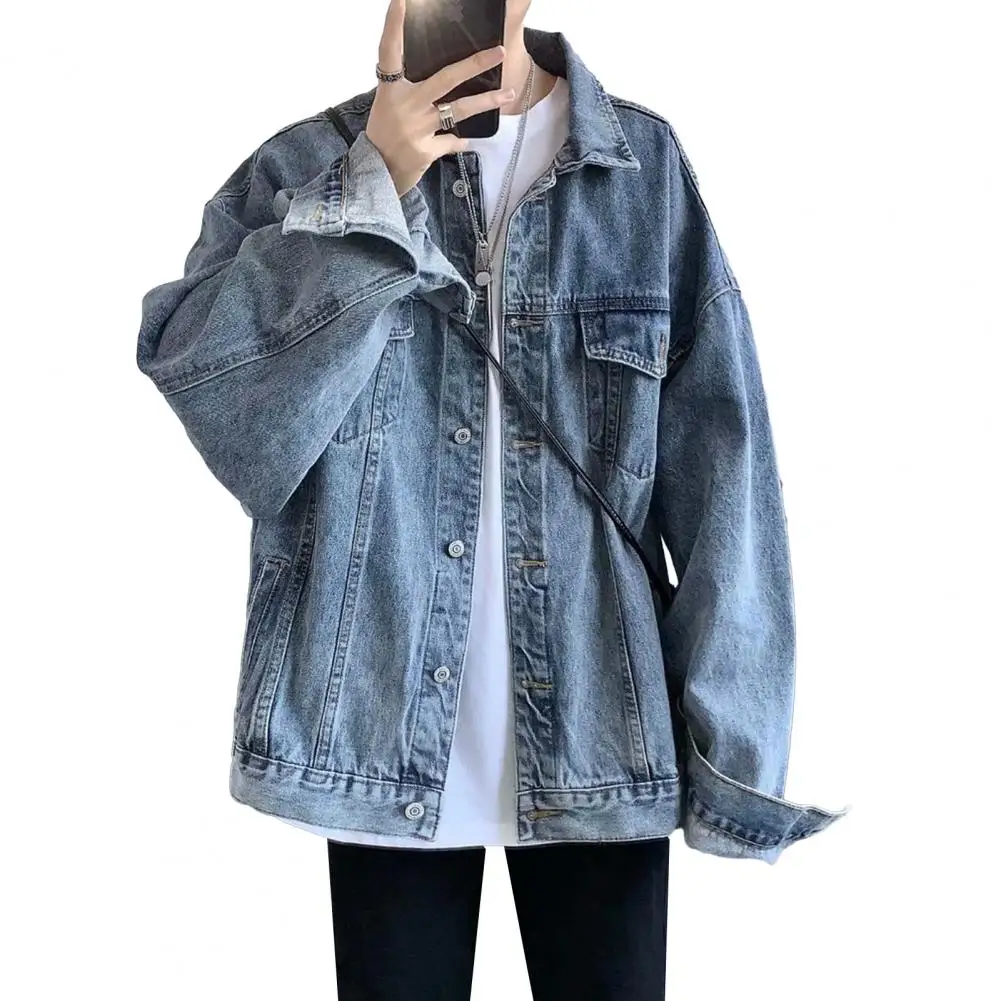 

Men Jacket Retro Hop Style Denim Jacket with Multi Pockets Plus Size Fit for Men Streetwear Coat with Long Sleeve Lapel Men