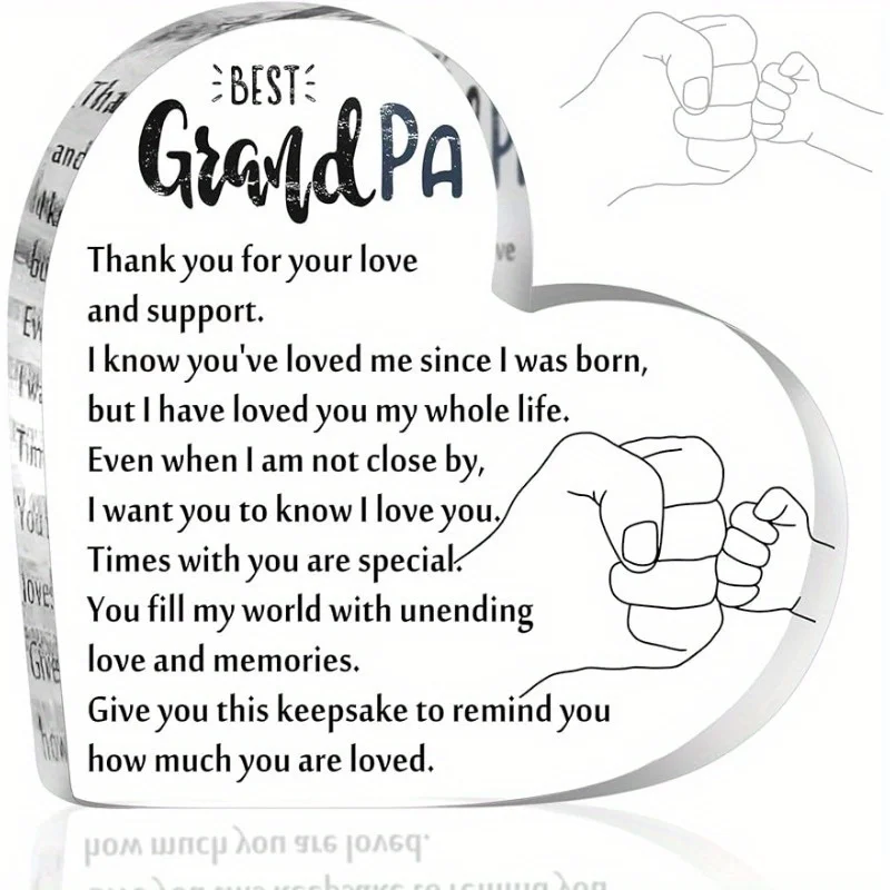 1PC Grandfather Gift Acrylic Heart Memento from Grandson, Grandpa Birthday Present Thank You Paperweight for Christmas Thanksgiv