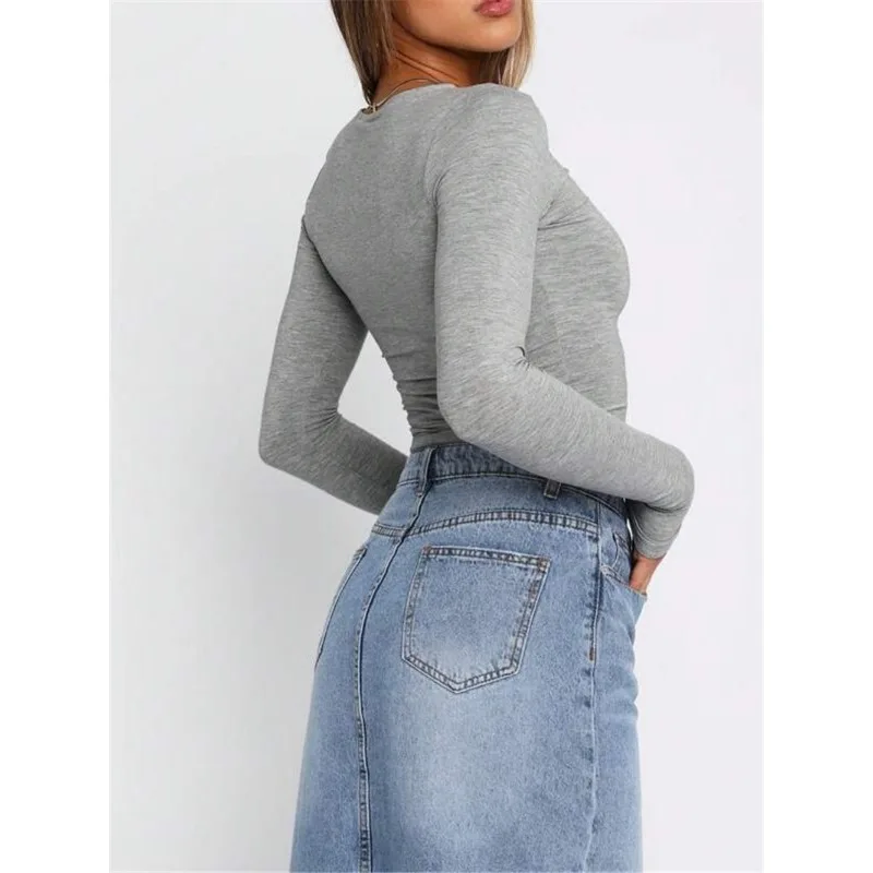 AliExpress – T-shirt court à manches longues, couleur unie, polyvalent, européen et américain, automne hiver