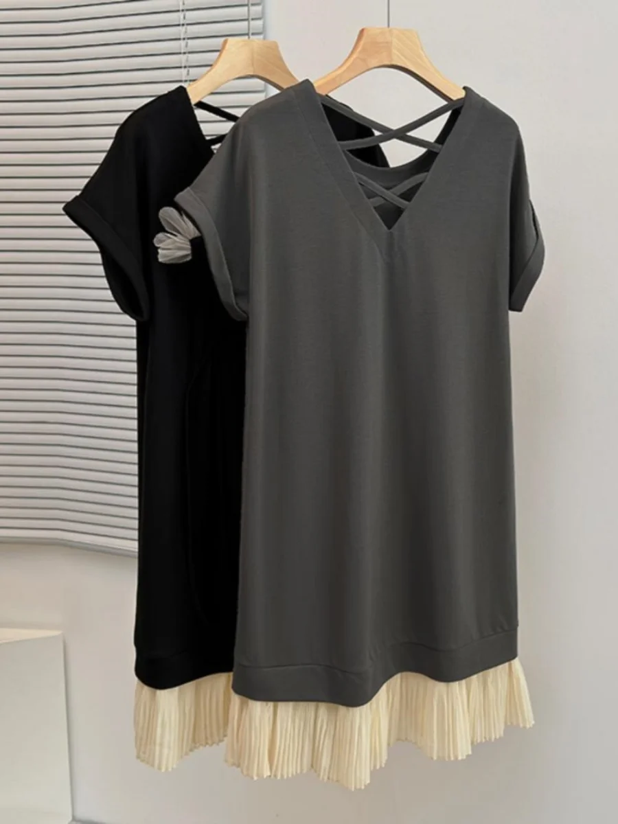 Vestido holgado de estilo francés para mujer, camisetas de manga corta con espalda descubierta y retazos, vestidos informales con cuello redondo y estampado de flores