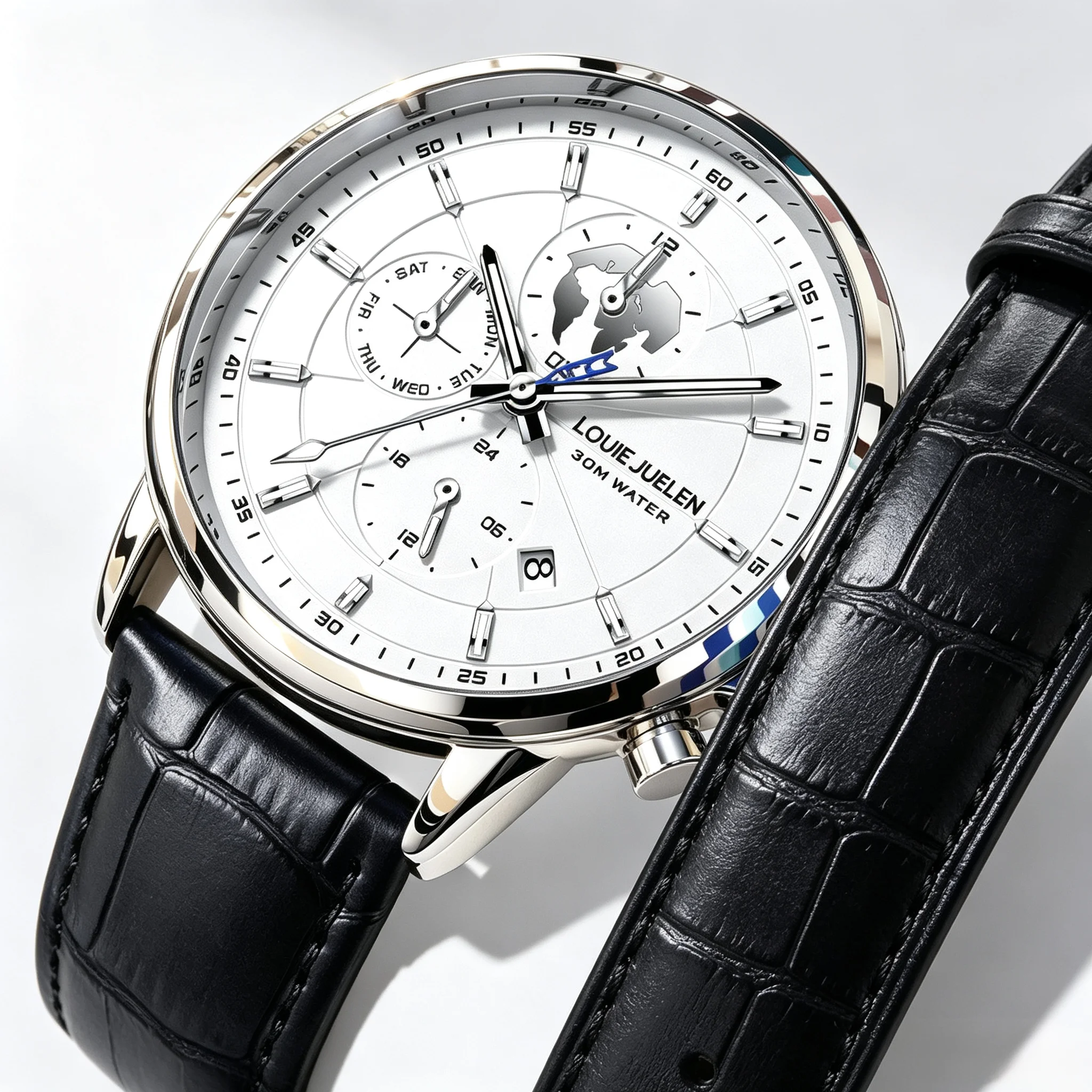 LOUIE JUELEN Black Couro Zegarki Męskie Automatyczne Mechaniczne Luminous Reloj Hombre Mechanical Movement with Six Pin Design