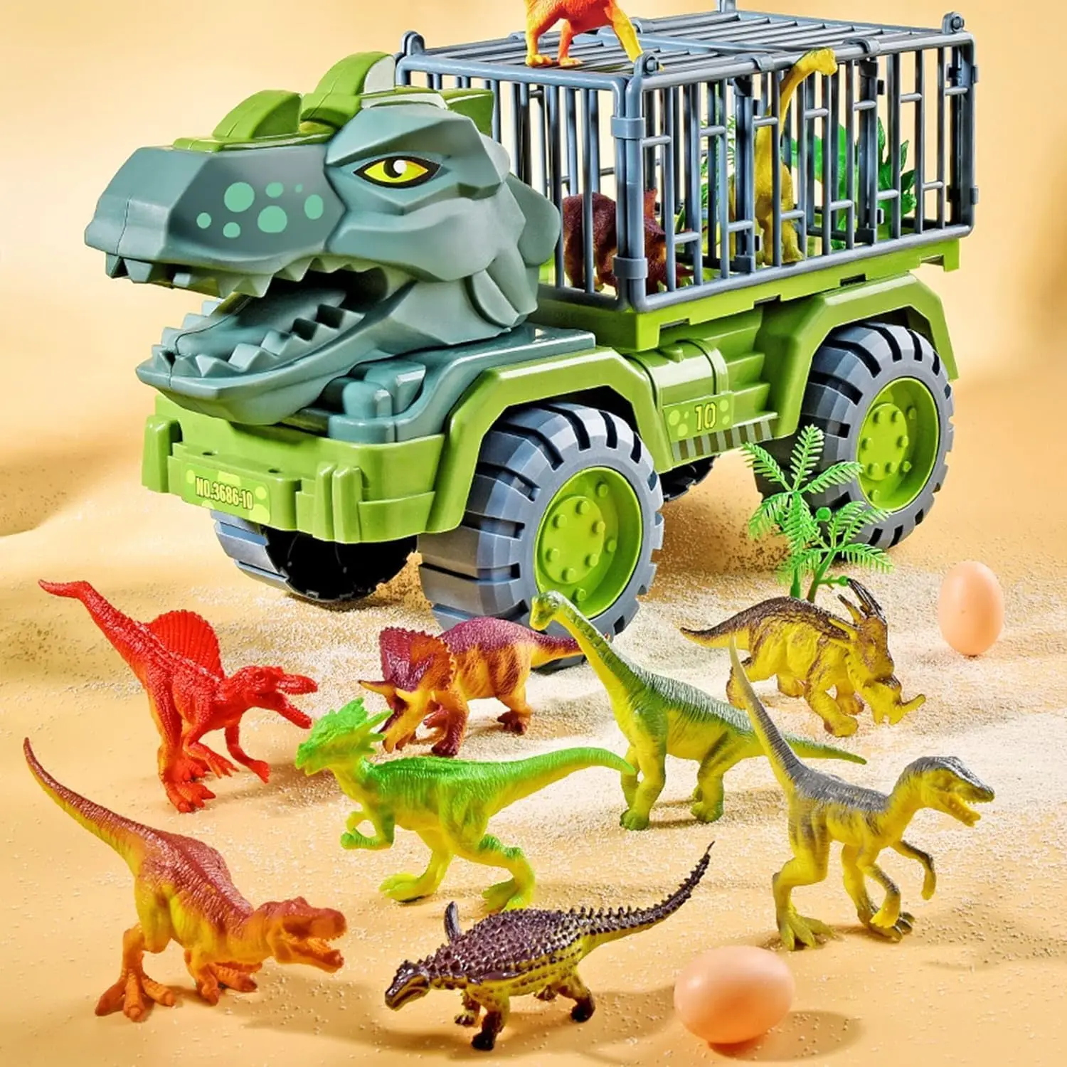 Dinosaur Truck Playset Dinosaur Toys for Kids, Tyrannosaurus Rex Car with 15 Dinosaurs, 1 Dinosaur Egg and Road Decorations