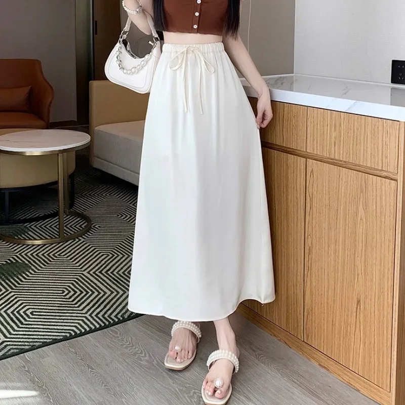 Fashion Elastic Lace Up All-match Solid Color Satin Skirts Female Clothing 2024 Summer New Loose Casual High Waist Skirts A805