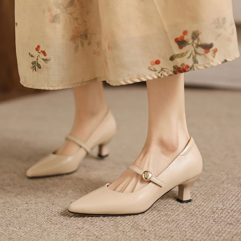 

Women's New Spring and Autumn Genuine Leather Cowhide Metal Belt Buckle High Heels Large Mary Jane Shoes Casual Fashion Shoes