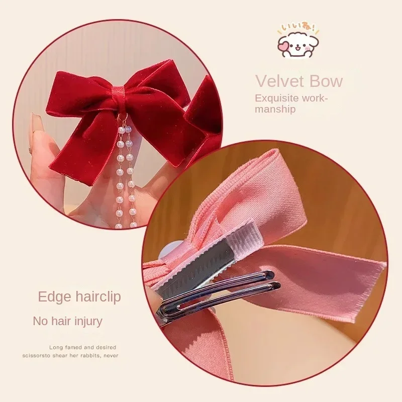 New Elegant Pearl Bow Tassel Hair Clips Solid Velvet Hair Claw Children Princess Hairpins Hair Accessories Заколка Для Волос