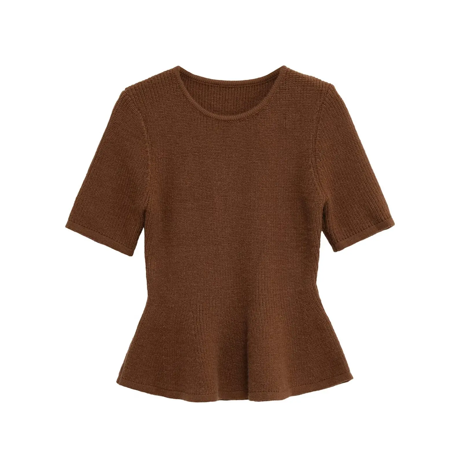 Maxdutti Women's Sweaters French Minimalist Light Brown Ruffle Edge Knitted Top Autumn Round Neck T-shirt Women Pullover Top