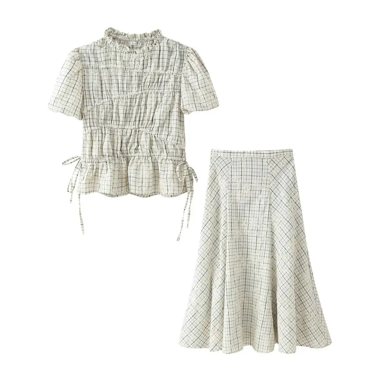 Spring Plaid Embroidered Bow Short Sleeve Blouse Tops and A-line Side Zipper Skirt Women Casual Office Lady Daily Commuting Set