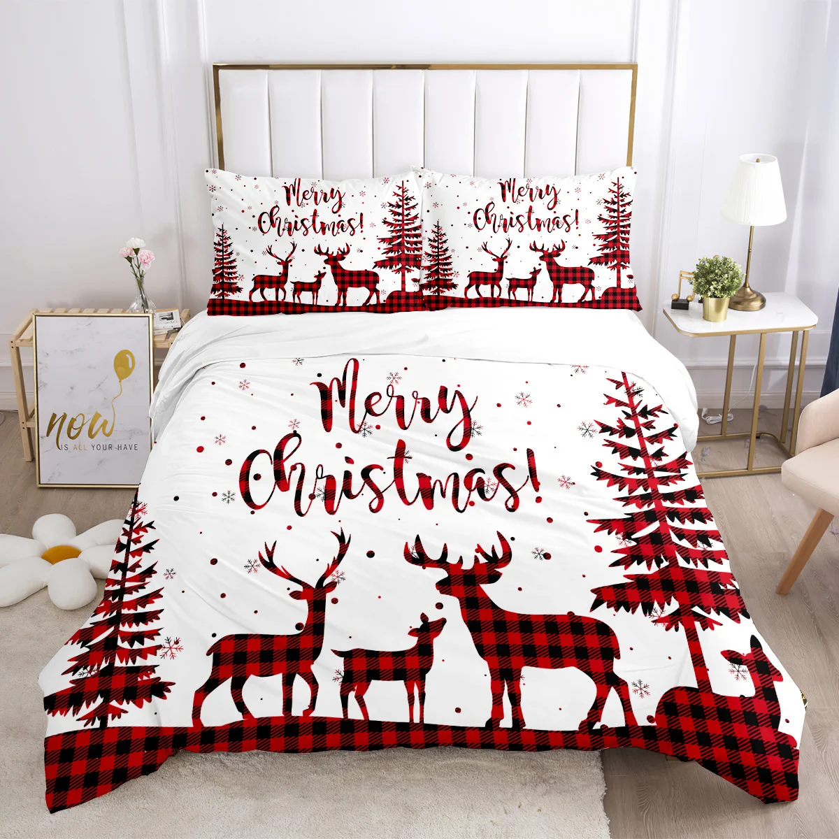 3pcs Merry Christmas Duvet Cover Set Vibrant Plaid Reindeer Tree Pattern Print, Comfortable for Bedroom Duvet Cover Pillowcases