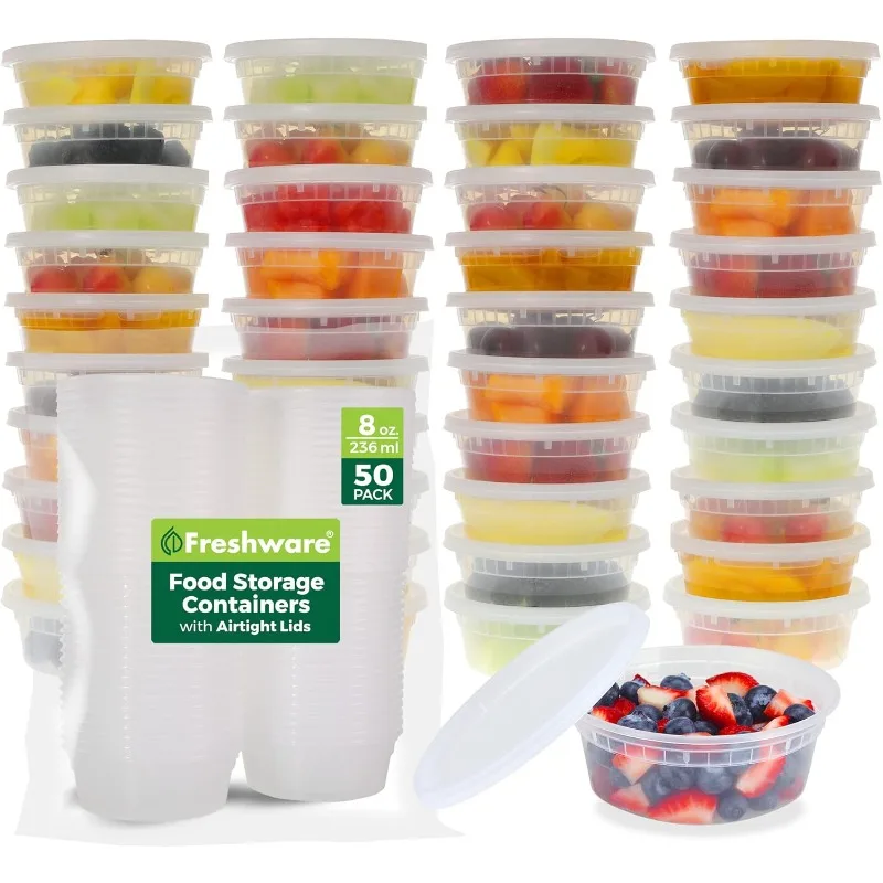 

Food Storage Containers [50 Set] 8 oz Plastic Deli Containers with Lids, Slime, Soup, Meal Prep Containers | BPA Free