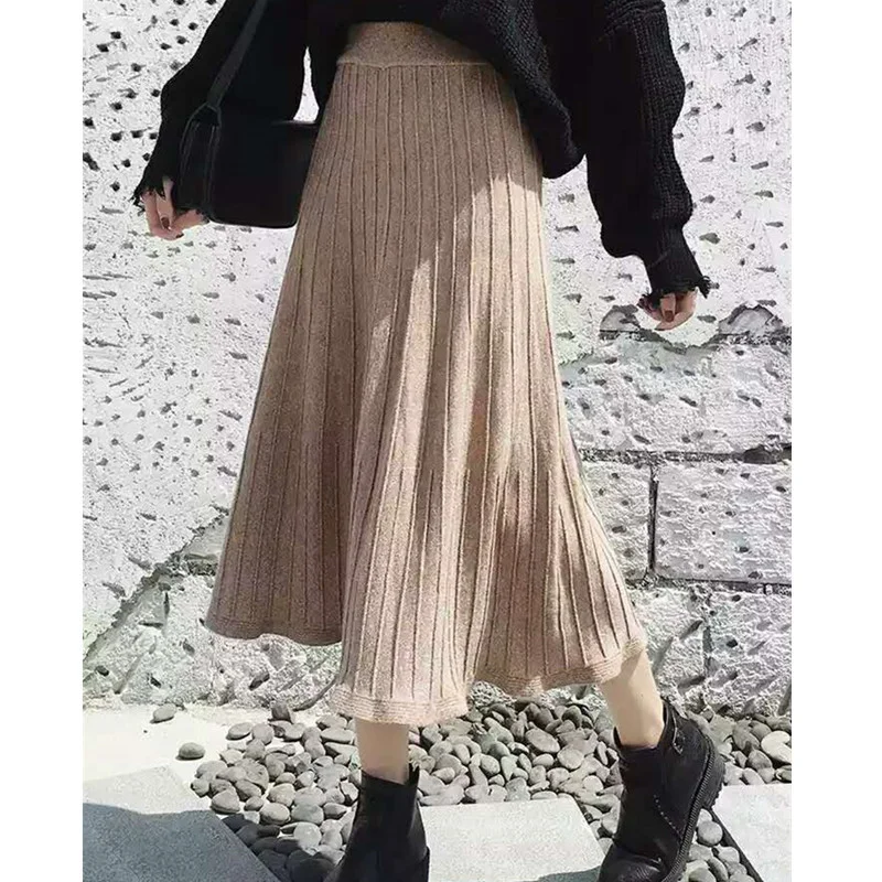 High Waist Long Knit Warmth Skirt Midi Length Clause Solid Color Skirt Women Winter Autumn Korean Fashion Shining Pleated Skirts