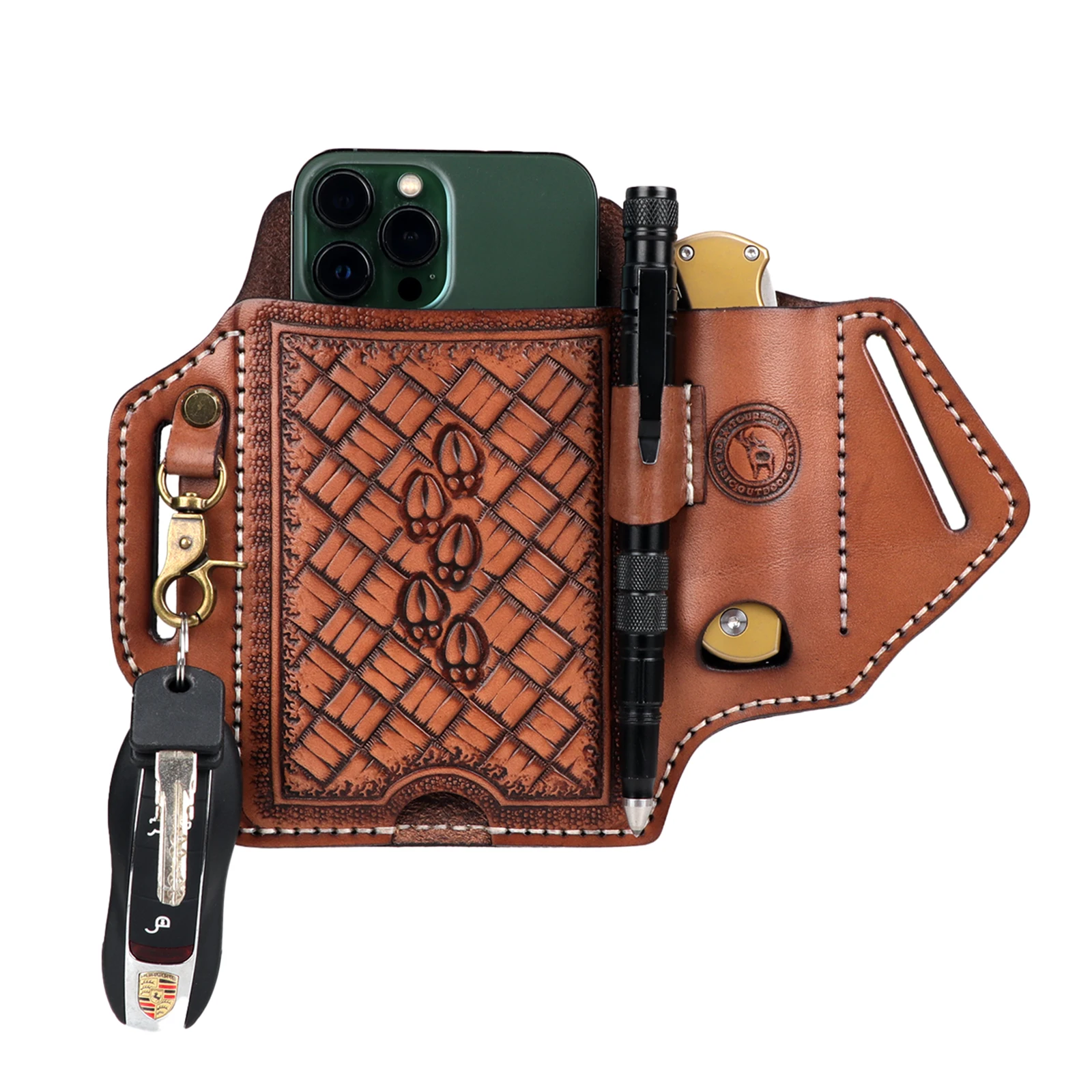 Tourbon Leather Universal Cell Phone Pouch Folding Knife Sheath EDC Pocket Organizer Pen Holder Key Chain with Belt Loop Brown