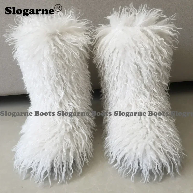 2024 Women Winter Snow Boots Outdoor Faux Wool Boots Luxury Furry Curly Fur Boots Woman Plush Warm 3CM Platform Shoes Large Size