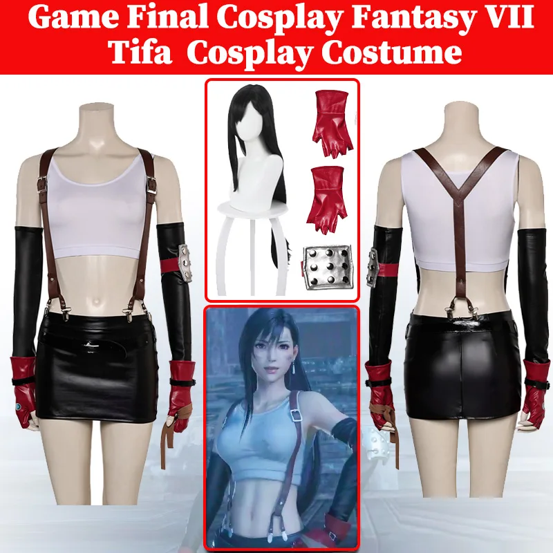 Tifa Lockhart Cosplay New Costume Game Final Cosplay Fantasy VII Outfits Women Disguise Wig Gloves Tops Skirt Set Halloween Suit