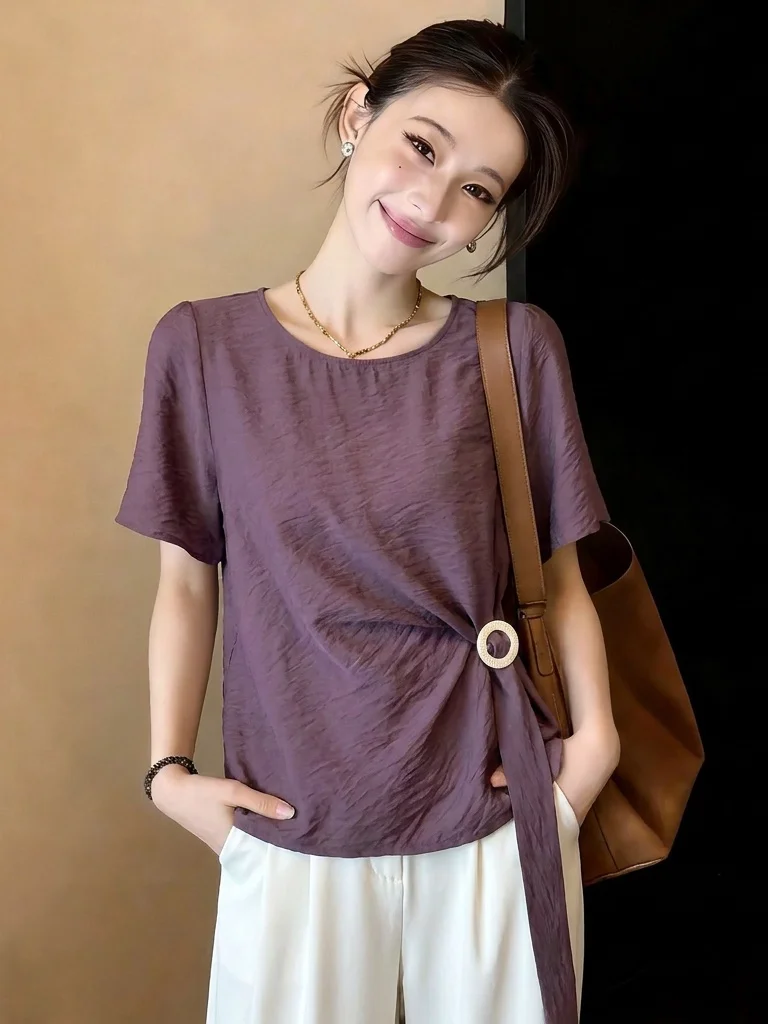 

Elegant Purple Short Sleeve Shirt Women's Fashion Summer New plus Size Slimming Top Shoulder Width Regular Length Korean Style