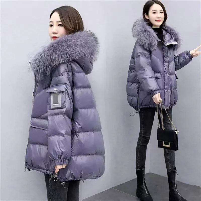 

Down Cotton Jacket 2024 New Women's Mid Length Korean Version Loose Fitting Thick Jacket Large Woolen Collar Winter Hooded E3829