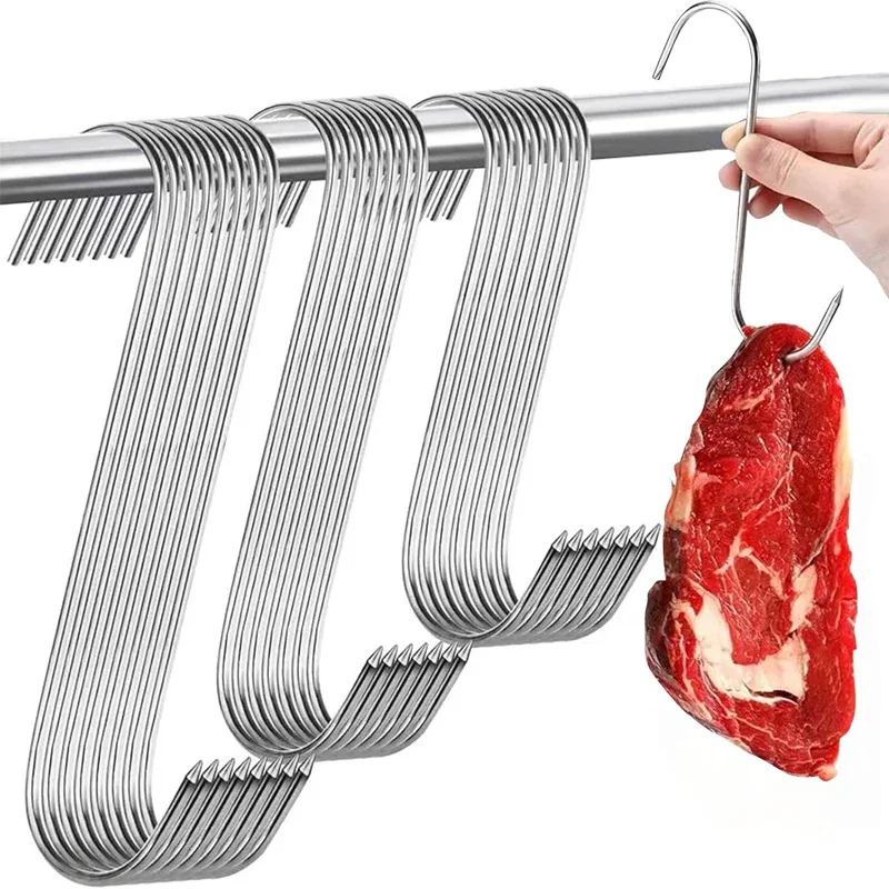 Sharp Tip Stainless Steel S Hooks Kitchen Meat Hanging Hooks Butcher Shop BBQ Pork Sausage Bacon Hams Smoker Duck S Hangers