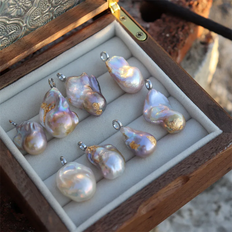 suu New Simple High-Light Large Baroque Freshwater Real Pearl Handmade Gold Foil Pendant925Silver Clasp Pendant