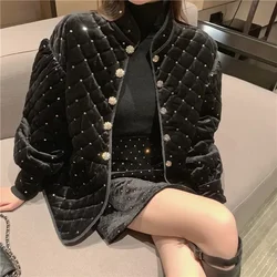 Vintage All Black 2 Piece Suit New Fall Winter Celebrity Lady Blingbling sequins Coat Parkas&Diamonds Mini Skirt Velvet 2pc Sets