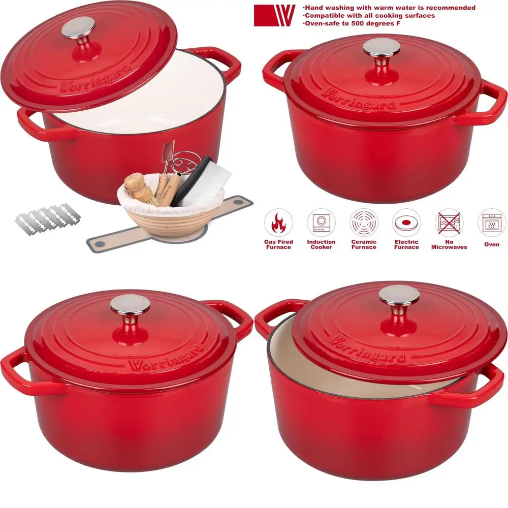 

Красная 6-квартная круглая эмалированная чугунная голландская духовка с крышкой, идеально подходит для выпечки хлеба, в том числе стартовый набор для намотки