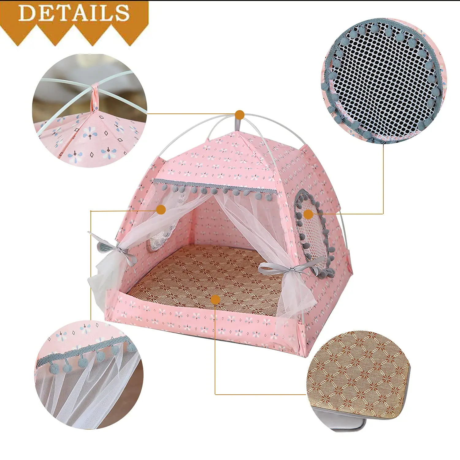 Cat Princess Indoor Tent House Pet Dog Cute Floral Cave Nest Bed Portable Dog Tents , floral pink