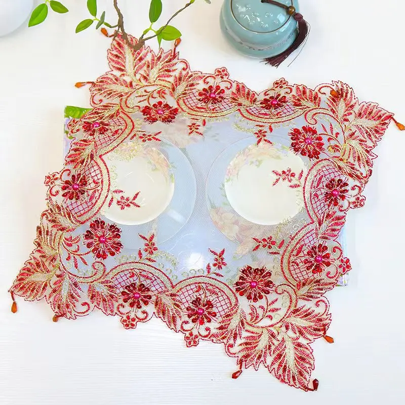 

Luxury flower bead Embroidery table cloth cover wedding kitchen Christmas dining tea tablecloth Table decoration and accessories