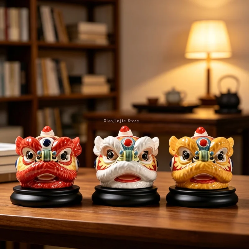 Oriental Folk Lion Head Ceramic Ornament Chinese Style Hand Painted Figurine Desktop Decoration Cultural Craft Holiday Gift
