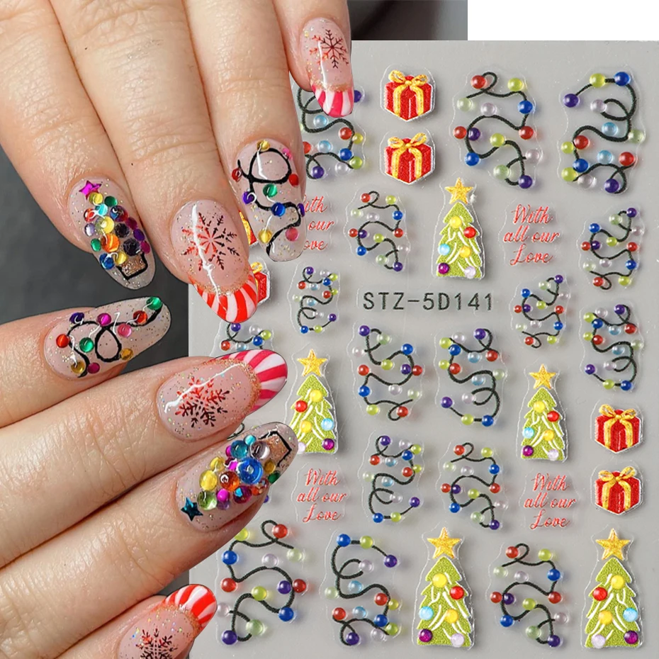 1/2 قطعة شرائط ضوء عيد الميلاد الملونة مسمار الفن ملصقات شجرة عيد الميلاد الخضراء مع الشارات هدية حمراء DIY بها بنفسك مانيكير نصائح الديكور