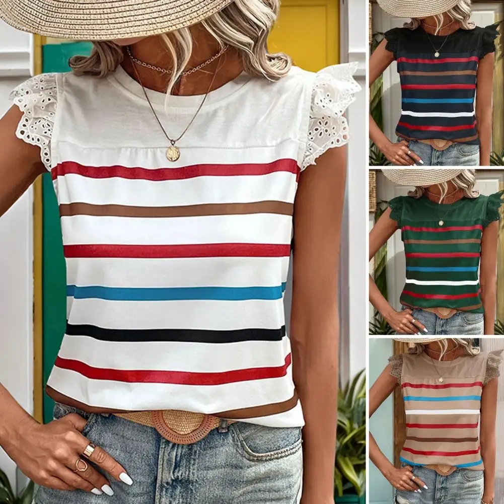 Women T-shirt Soft Stretchy Women Top Women's Summer Tops Lace Flying Sleeve Tee Shirt Color Striped Regular for Women