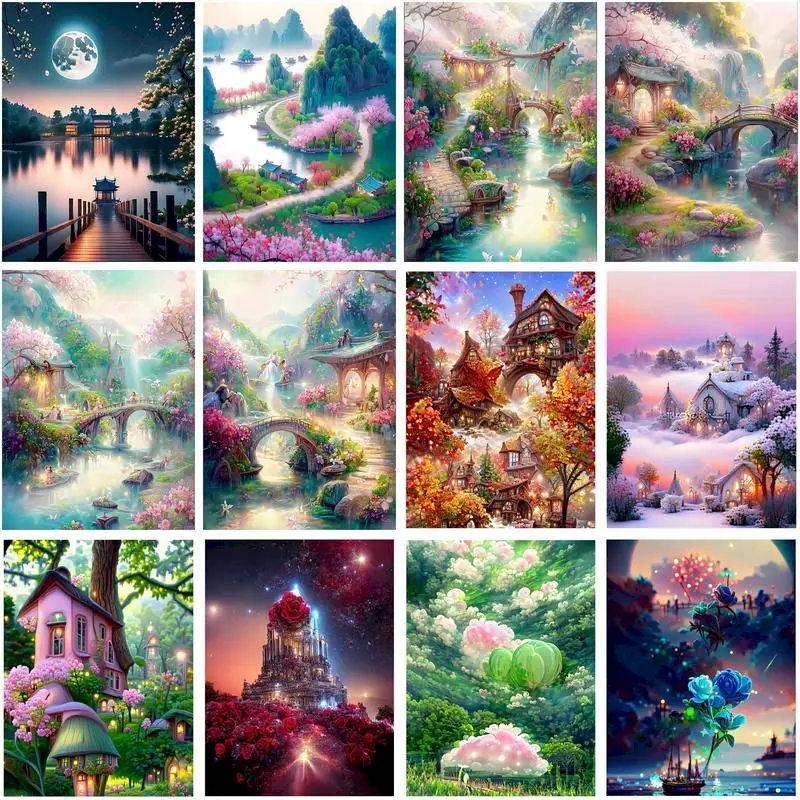 

CHENISTORY Coloring By Number Fantastic House Landscape Unique Gift Painting By Numbers On Canvas Hand Painted Home Decor