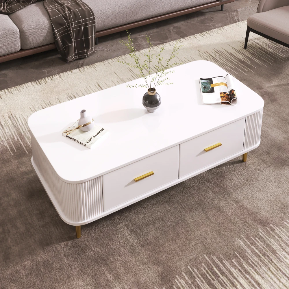 Gebogener Eck-Wohnzimmertisch, goldene Hardware, gewellte Seiten, Doppelfunktions-Couchtisch und Beistelltisch mit Schubladen – Detail 4
