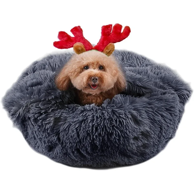 Anxiety Dog Bed with Blanket Attached, Hooded Dog Bed for Medium Dogs, Round Soft Fluffy Donut Snuggle Dog Bed