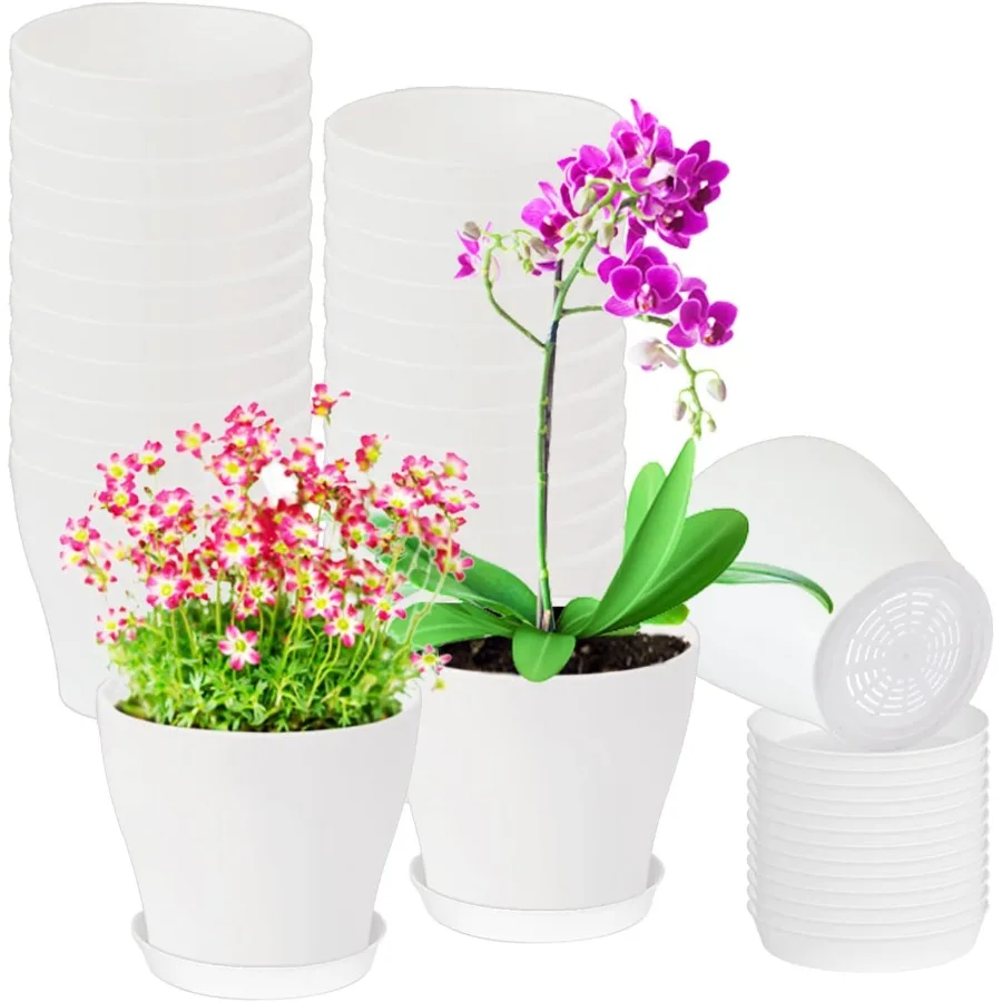 

24 Set 4 Inch White Plant Nursery PotsPlastic Planters Succulent Container with Trays and Drainage Holes for Indoor Outdoor Sma