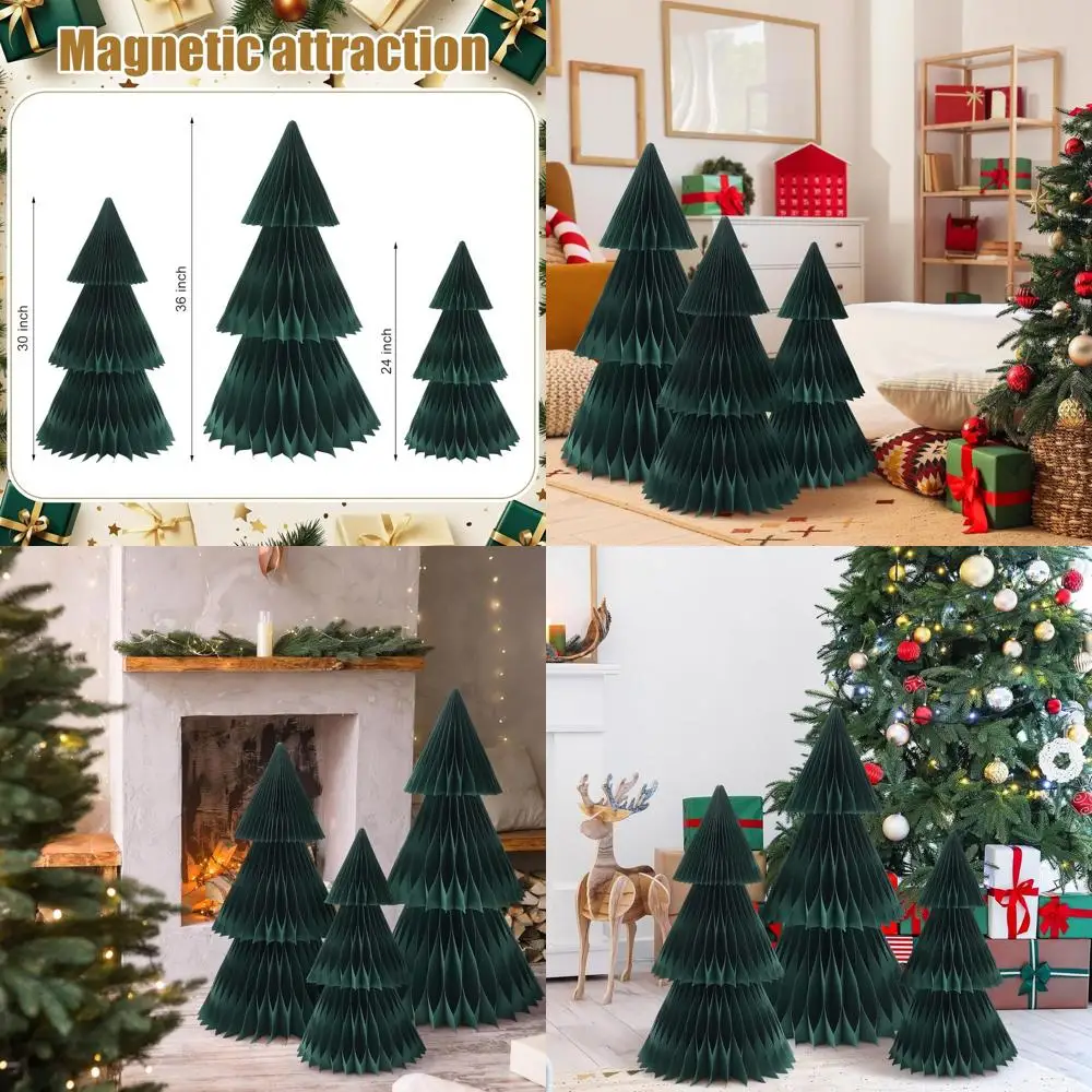 

Set of 3 Green Honeycomb Christmas Trees: 3ft, 2.5ft & 2ft Tall, 3D Paper Decorations with Magnets for Holiday Parties
