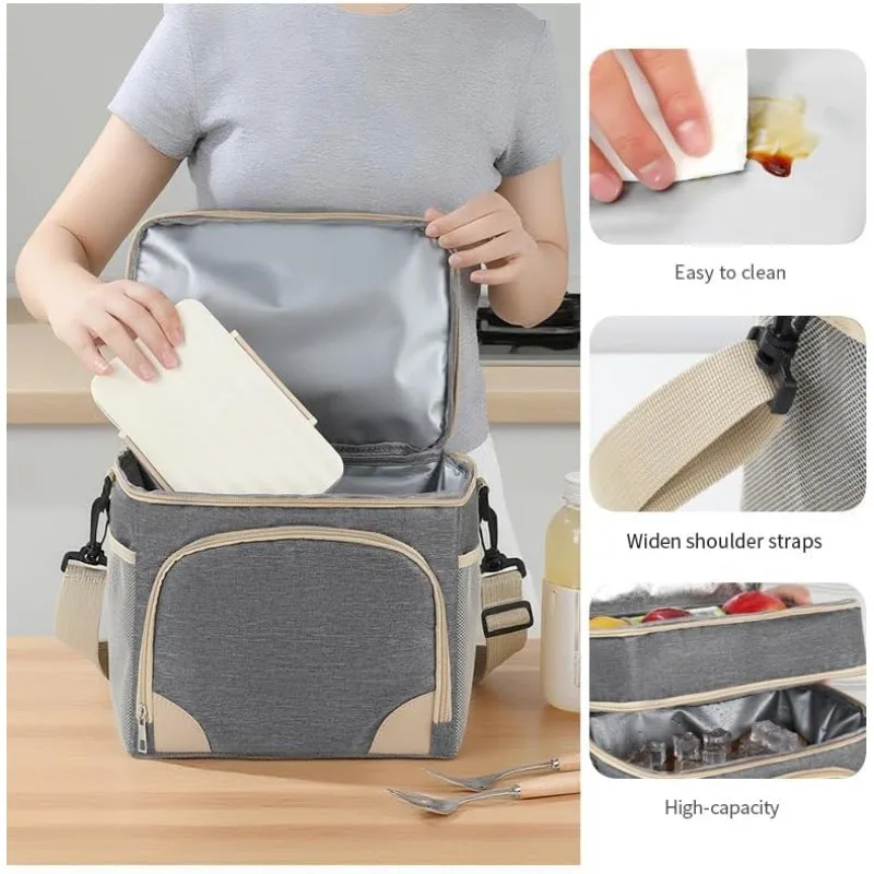 Lunchbox mit zwei Fächern, isolierte Lunch-Tragetasche, große, auslaufsichere, weiche Kühltasche für Arbeit, Picknick, Reisen – Detail 3