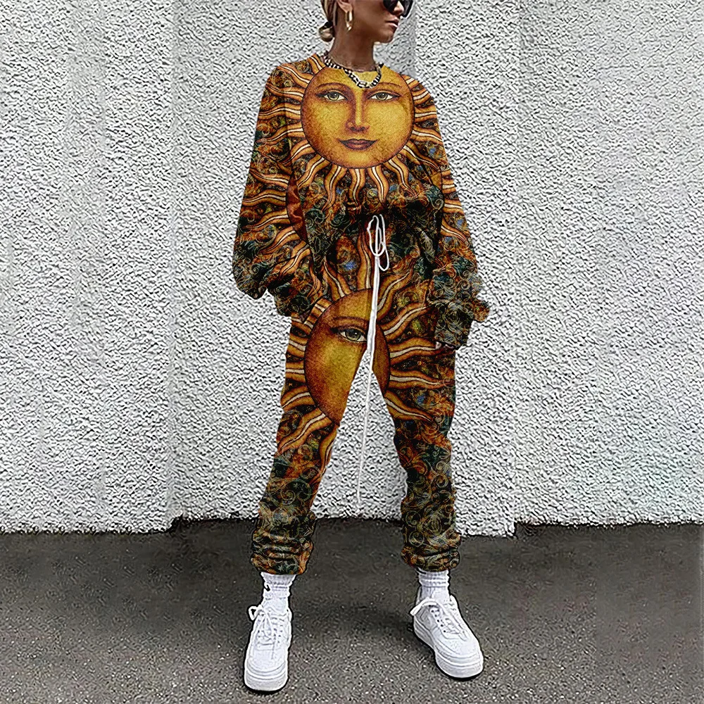 Spring Long Sleeve Pullover Sweatpants Tracksuit Women Sun Print Sweatshirts Pants Two Piece Set