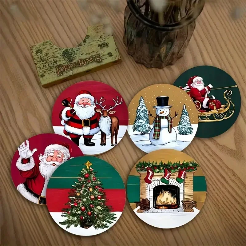 6 sets of Christmas-style patterned art painted wooden anti-slip coasters, suitable for decoration of living room kitchenware