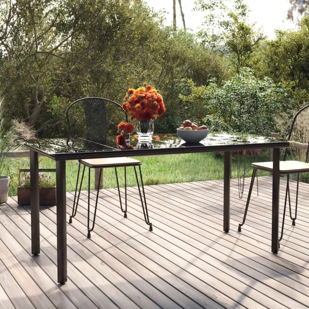 Modern Black Patio Dining Table 63x31.5x29.1 Steel Frame & Tempered Glass Top for Outdoor Use