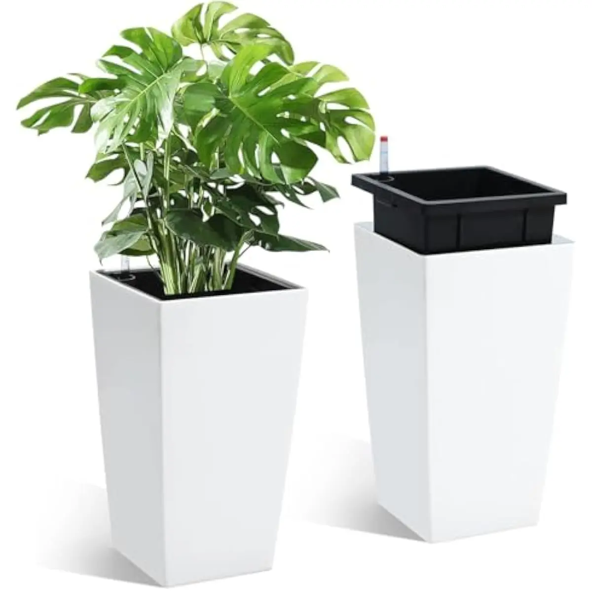 16-inch Self-Watering Plant Pots Set of 2 – Modern White Plastic Indoor Outdoor Containers with Water Level Indicator Drainage S